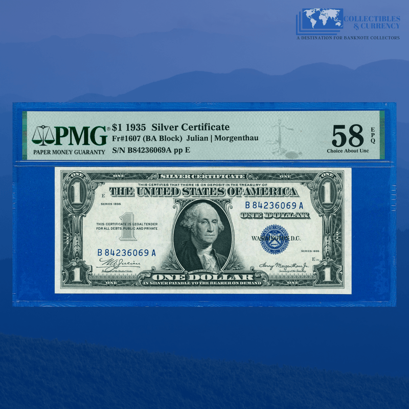Fr.1607 1935 Plain Double Date $1 Silver Certificate, B/A Block, PMG 58 EPQ