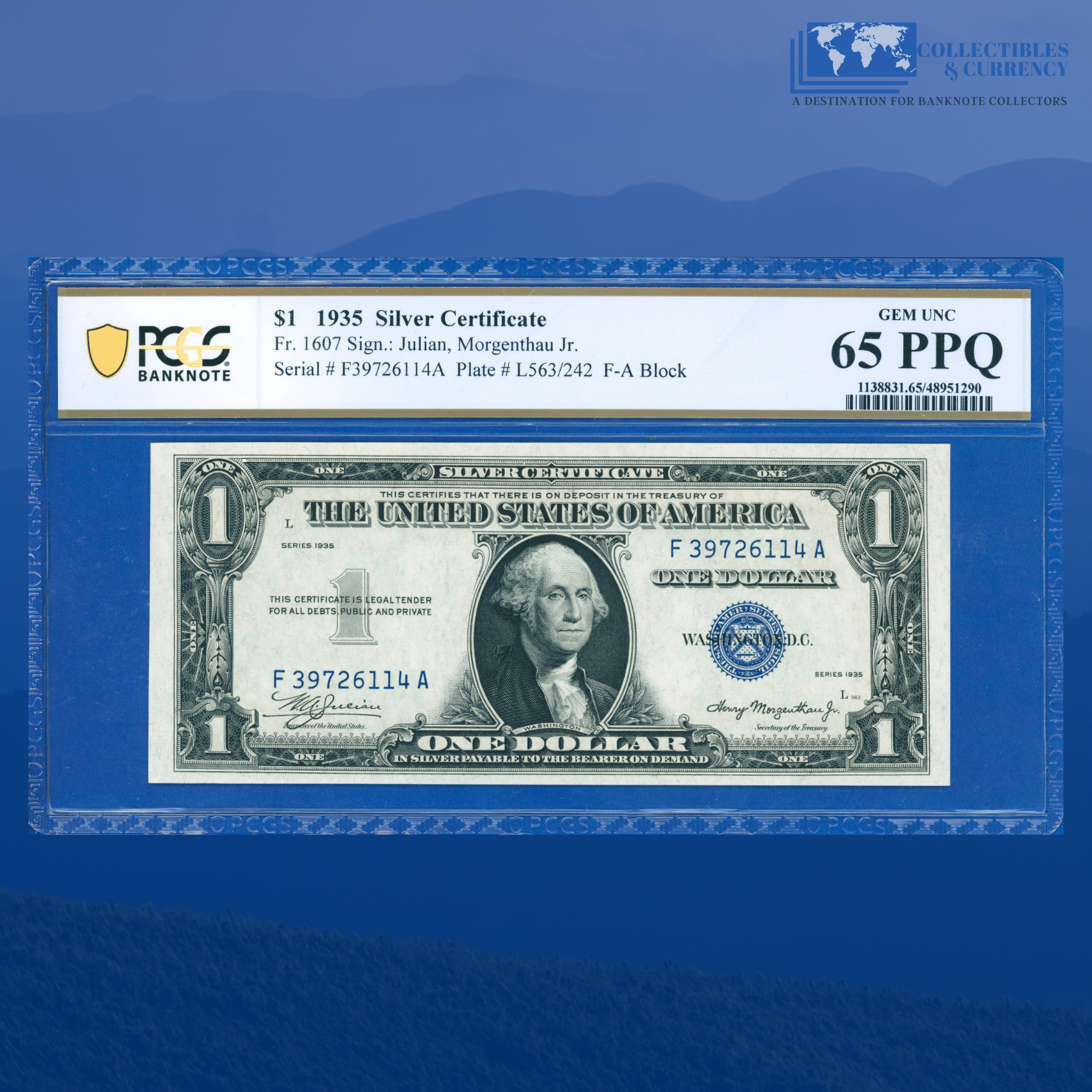 Fr.1607 1935 Plain Double Date $1 Silver Certificate, F/A Block, 65 PP
