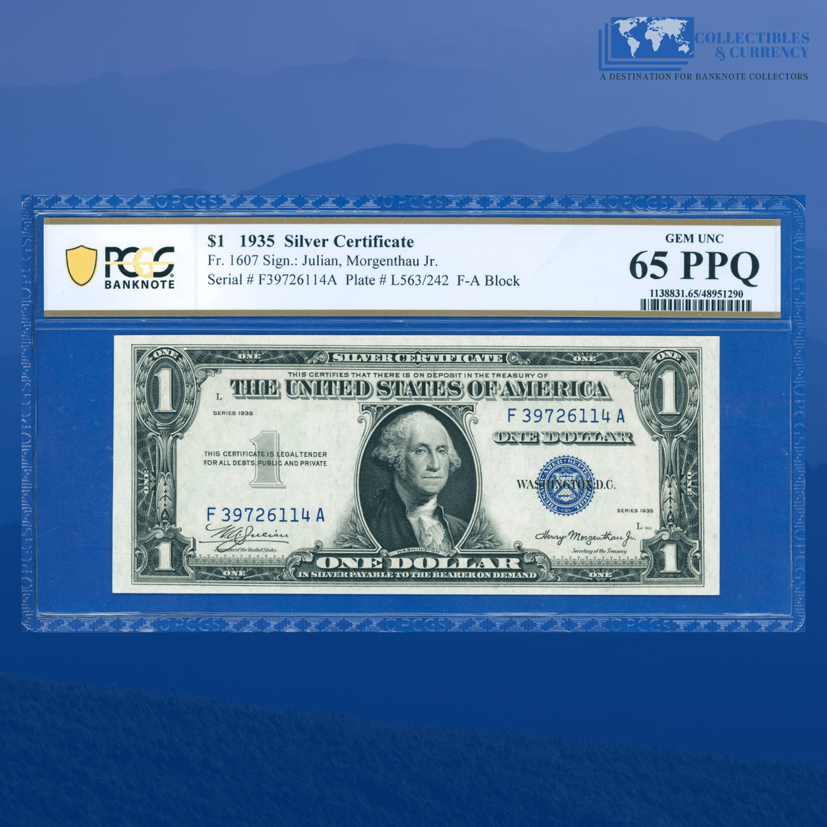 Fr.1607 1935 Plain Double Date $1 Silver Certificate, F/A Block, 65 PP