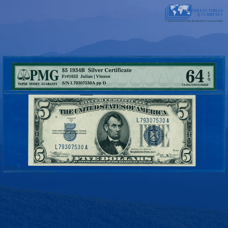Fr.1652 1934B $5 Five Dollars Silver Certificate, PMG 64 EPQ