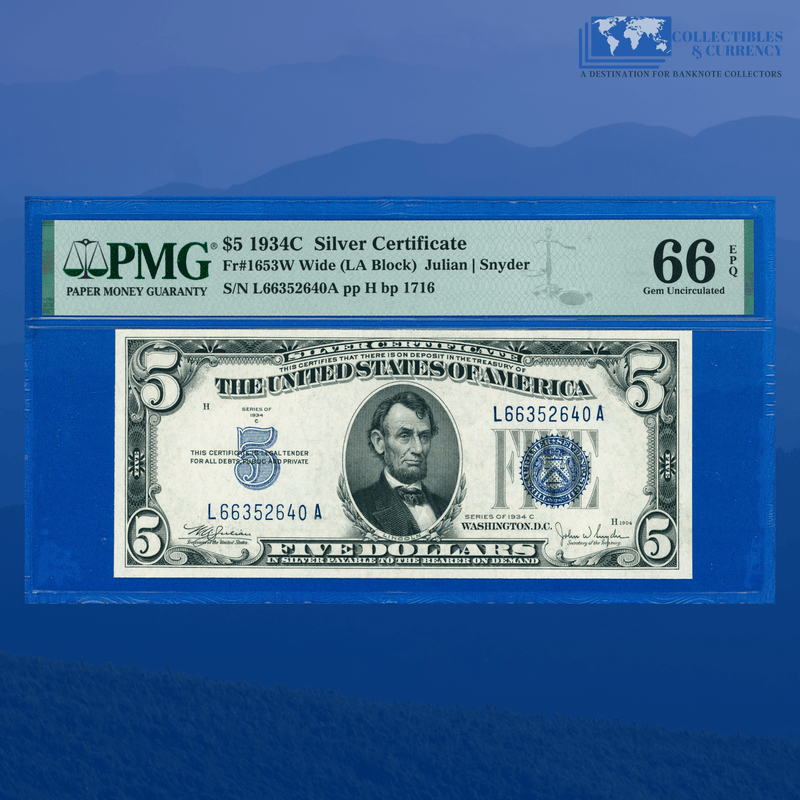 Fr.1653W 1934C $5 Five Dollars Silver Certificate, L/A Block, PMG 66 EPQ