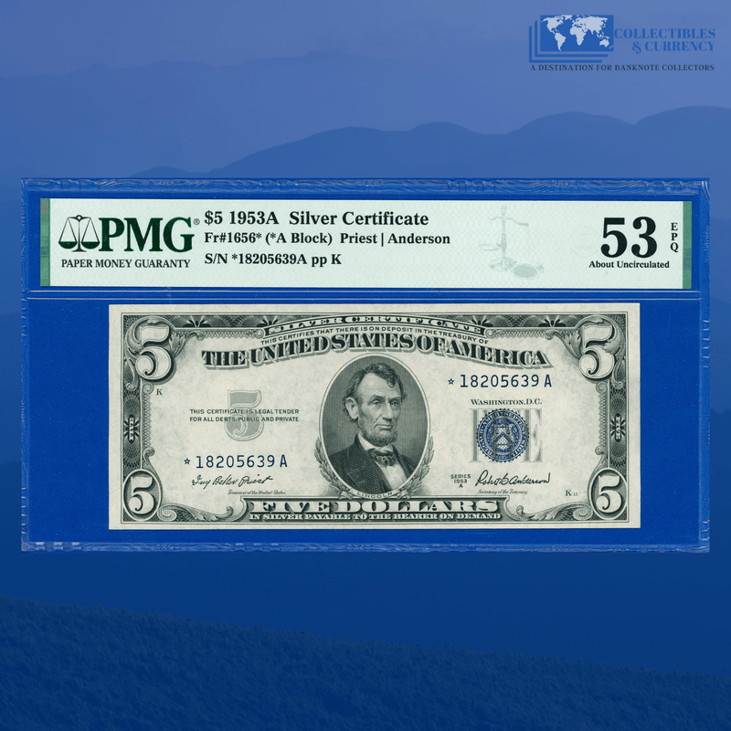Fr.1656* 1953A $5 Five Dollars Silver Certificate Star Note, PMG 53 EPQ