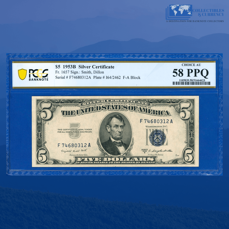 Fr.1657 1953B $5 Five Dollars Silver Certificate, F/A Block, PCGS 58 EPQ