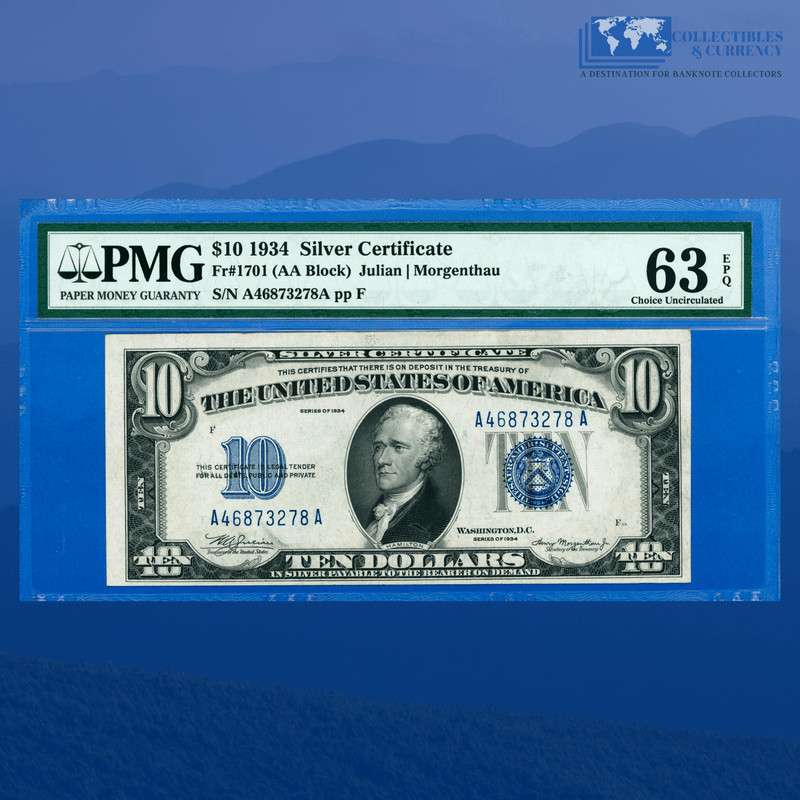 Fr.1701 1934 $10 Ten Dollars Silver Certificate, PMG 63 EPQ