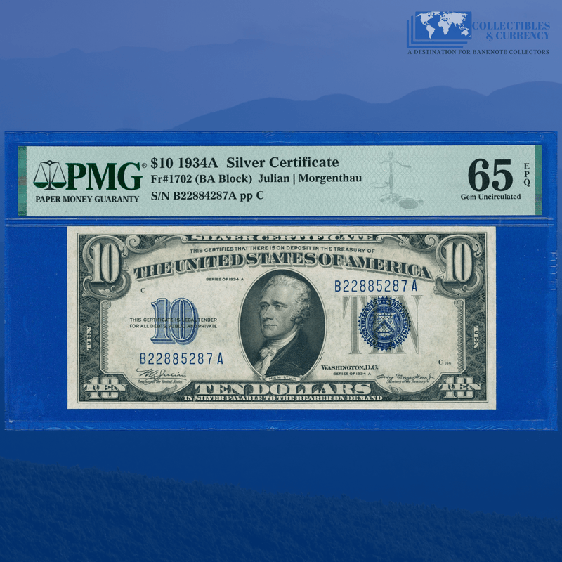 Fr.1702 1934A $10 Ten Dollars Silver Certificate, B/A Block, PMG 65 EPQ