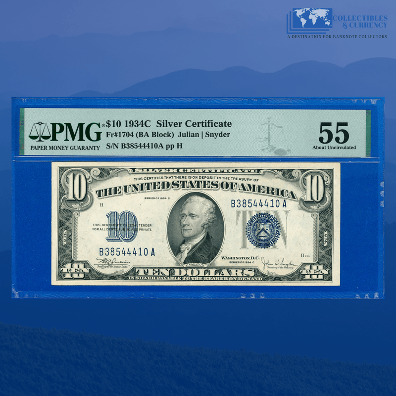 Fr.1704 1934C $10 Ten Dollars Silver Certificate, B/A Block, PMG 55