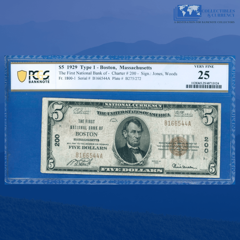 Fr.1800-1 1929 $5 First National Bank Of BOSTON, MA, Charter