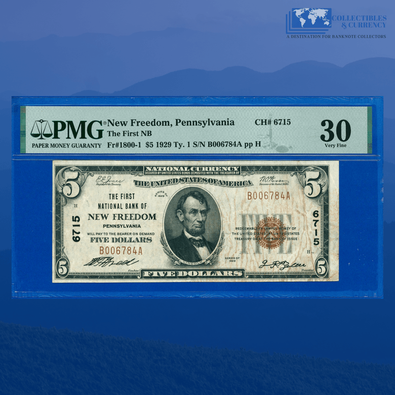 Fr.1800-1 1929 $5 First National Bank Of NEW FREEDOM, PA Charter