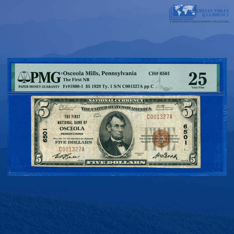 Fr.1800-1 1929 $5 First National Bank Of OSCEOLA Mills, PA Charter