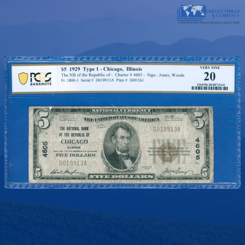 Fr.1800-1 1929 $5 National Bank Of REPUBLIC CHICAGO, IL, Charter