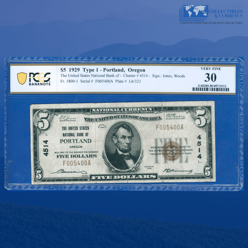 Fr.1800-1 1929 $5 U.S. National Bank Of PORTLAND, OR, Charter