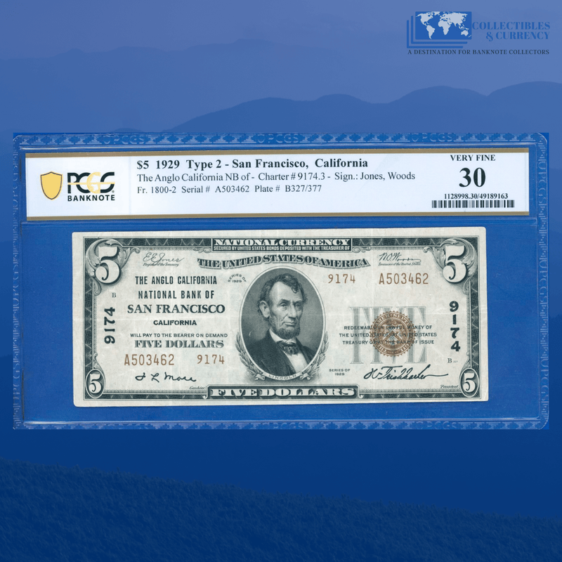 Fr.1800-2 1929 $5 Anglo National Bank Of SAN FRANCISCO, CA, Charter