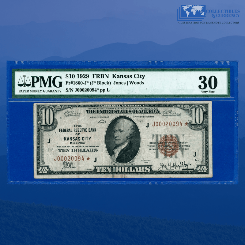 Fr.1860-J* 1929 $10 Ten Dollars FRBN Star Note Kansas City, PMG 30
