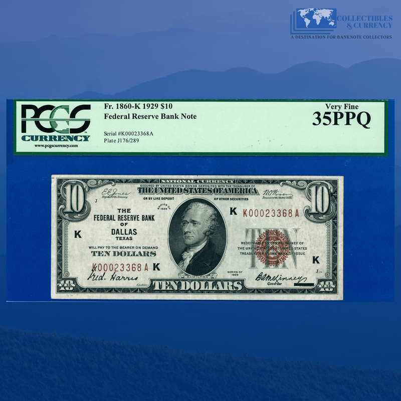 Fr.1860-K 1929 $10 Ten Dollars FRBN Dallas "KEY NOTE", PCGS 35 PPQ