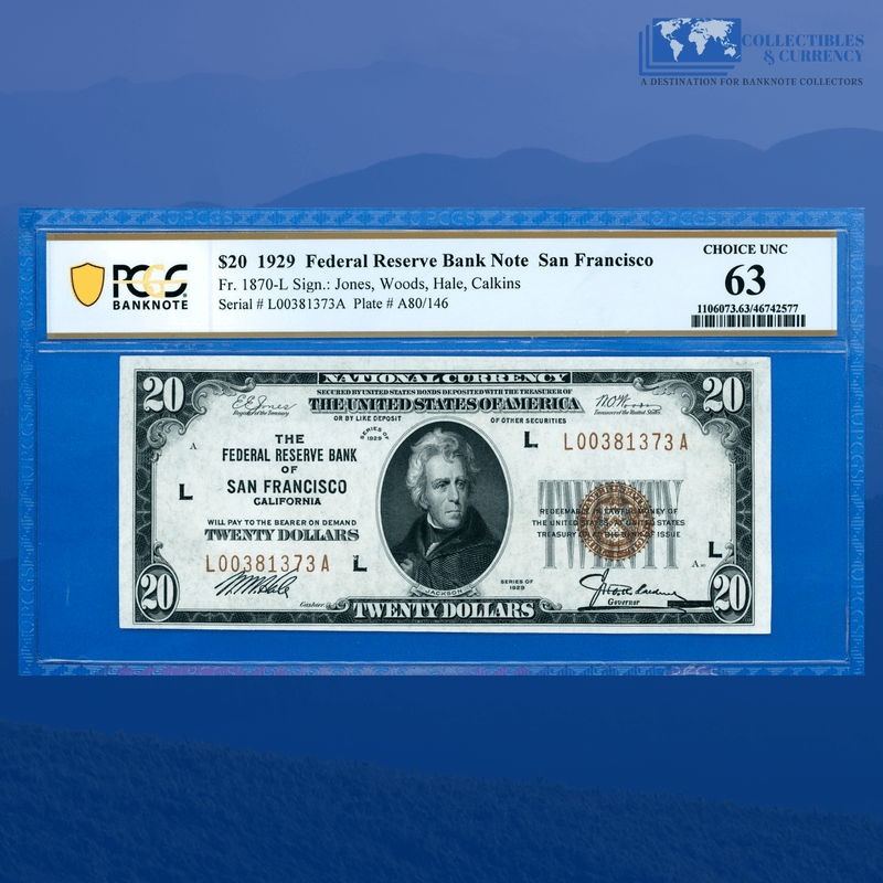 Fr.1870-L 1929 $20 Twenty Dollars FRBN San Francisco, PCGS 63