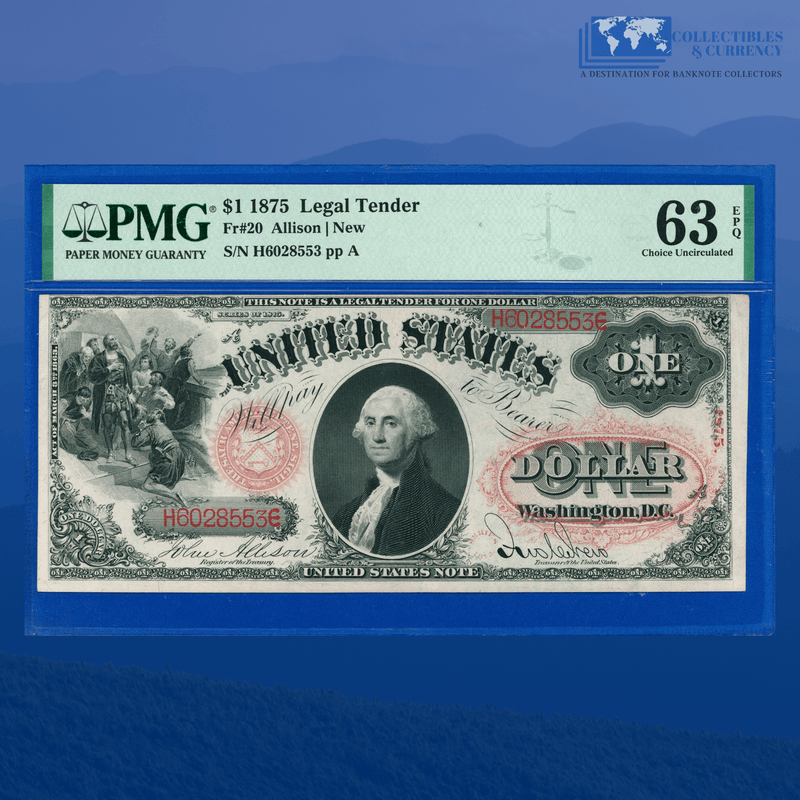 Fr.20 1875 $1 One Dollar Legal Tender Note, Flaming Red Seal, PMG CU 63 EPQ