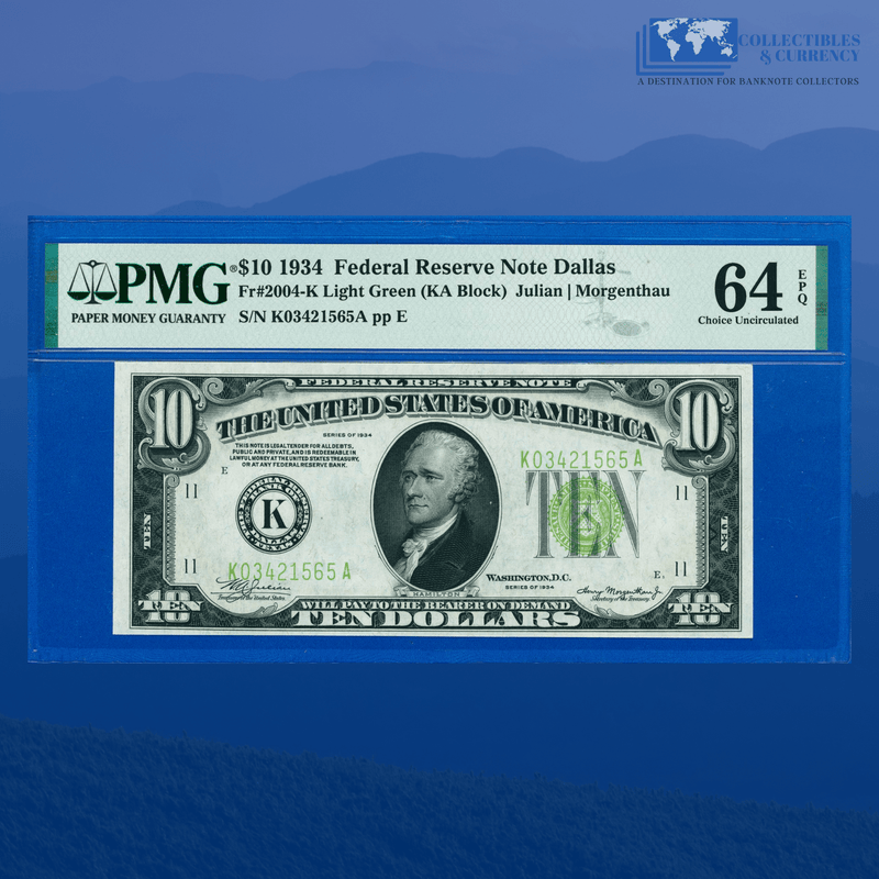 Fr.2004-K 1934 $10 Ten Dollars FRN Dallas Light Green Seal, PMG 64 EPQ