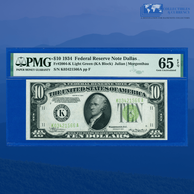 Fr.2004-K 1934 $10 Ten Dollars FRN Dallas Light Green Seal, PMG 65 EPQ