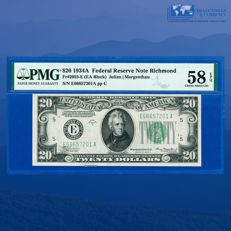 Fr.2055-E 1934A $20 Twenty Dollars Federal Reserve Note Richmond, PMG 58 EPQ