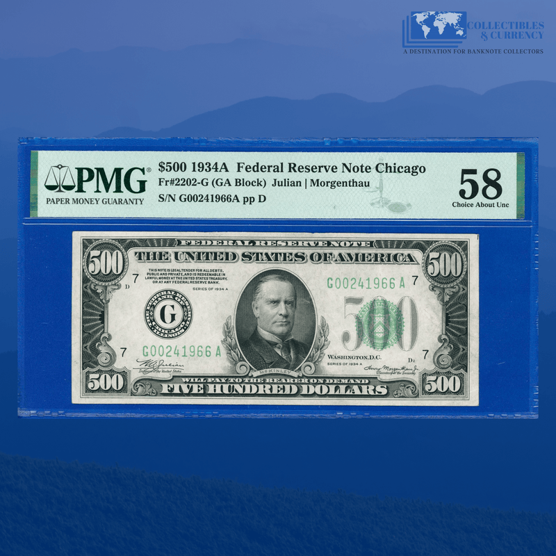 Fr.2202-G 1934A $500 Five Hundred Dollars FRN Chicago, PMG 58