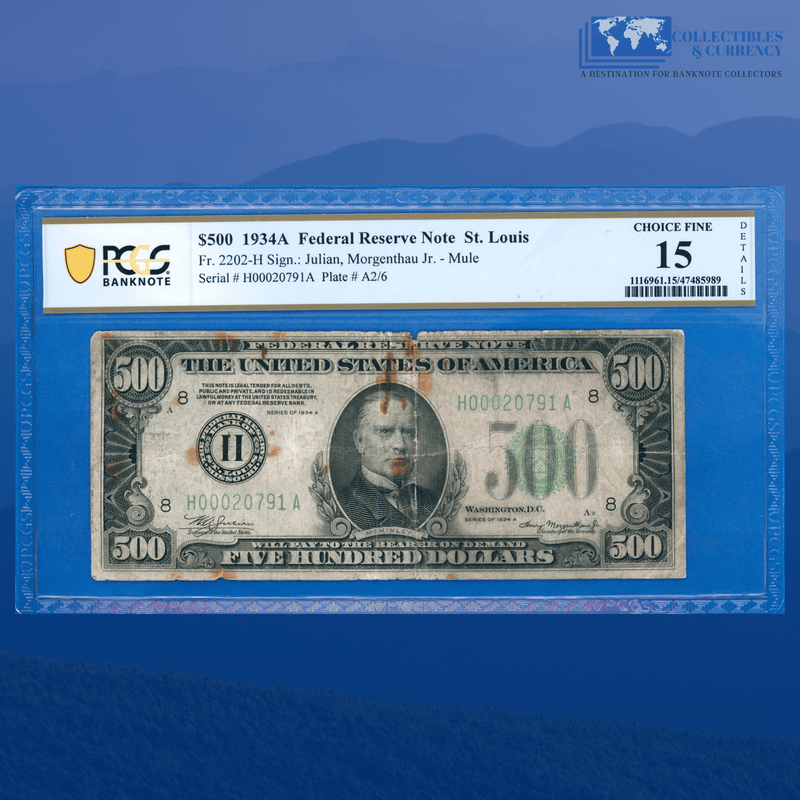 Fr.2202-H 1934A $500 Five Hundred Dollars FRN St Louis, PCGS 15 Comment