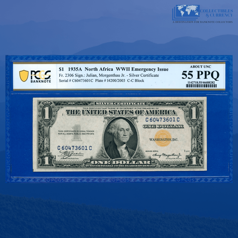Fr.2306 1935A $1 Silver Certificate Yellow Seal "North Africa", PCGS 55 PPQ
