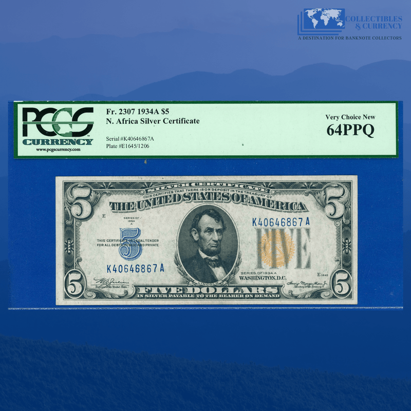 Fr.2307 1934A $5 Five Dollars Silver Certificate Yellow Seal "North Africa", PCGS 64 PPQ