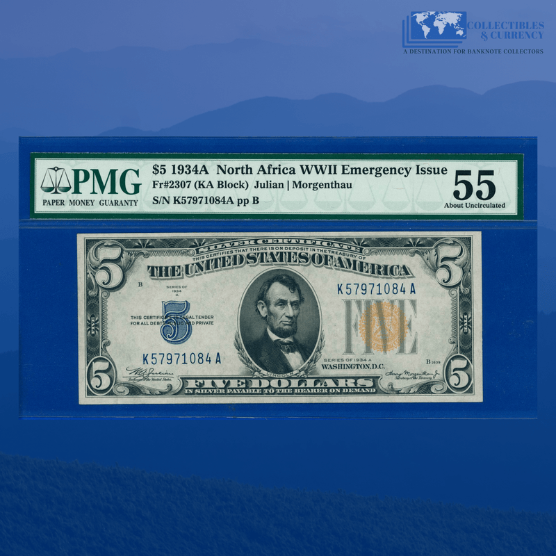 Fr.2307 1934A $5 Five Dollars Silver Certificate Yellow Seal "North Africa", PMG 55