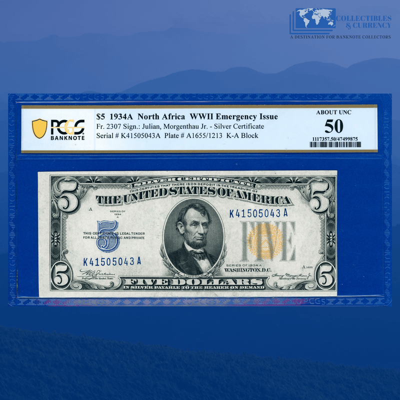 Fr.2307 1934A $5 Silver Certificate Yellow Seal "North Africa", PCGS 55