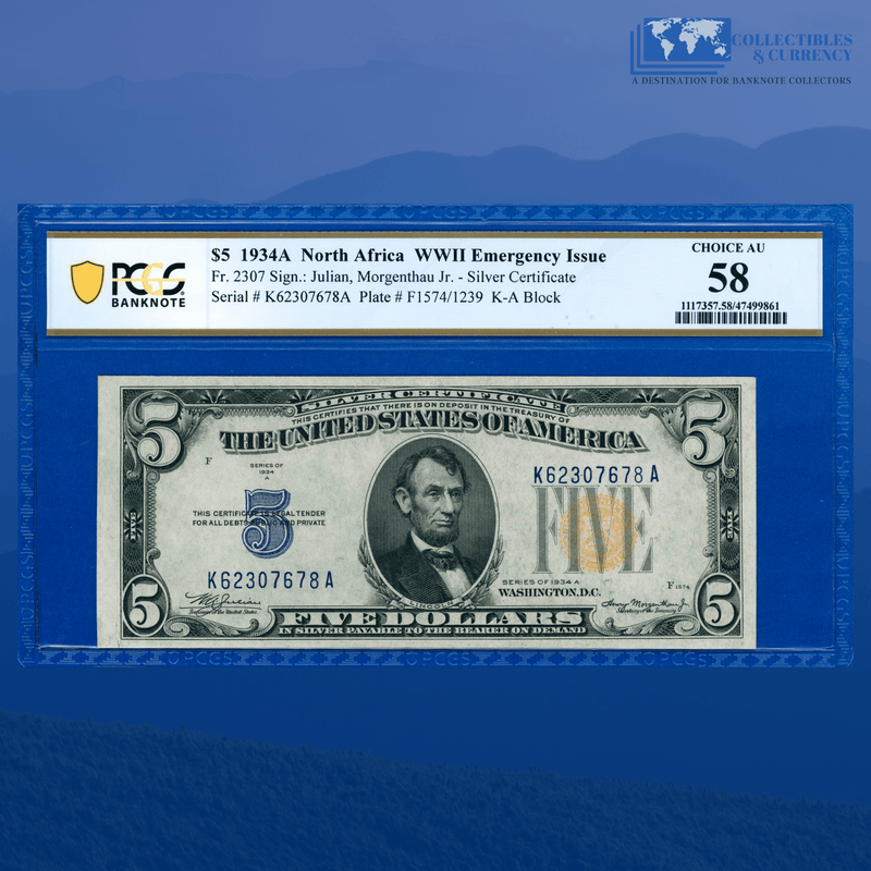 Fr.2307 1934A $5 Silver Certificate Yellow Seal "North Africa", PCGS 58