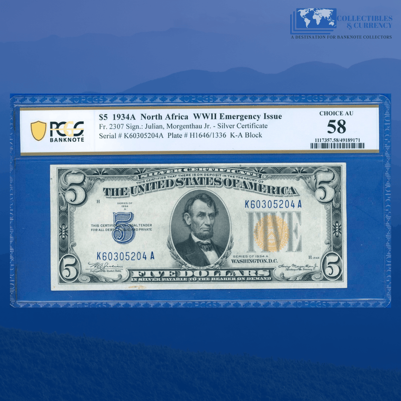 Fr.2307 1934A $5 Silver Certificate Yellow Seal "North Africa", PCGS 58