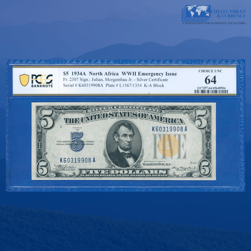 Fr.2307 1934A $5 Silver Certificate Yellow Seal "North Africa", PCGS 64