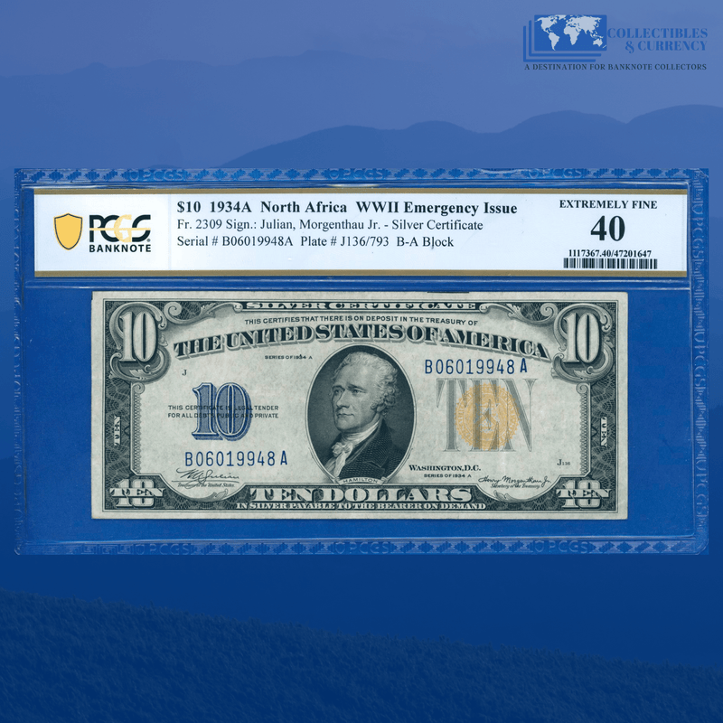 Fr.2309 1934A $10 Silver Certificate Yellow Seal "North Africa", PCGS 40