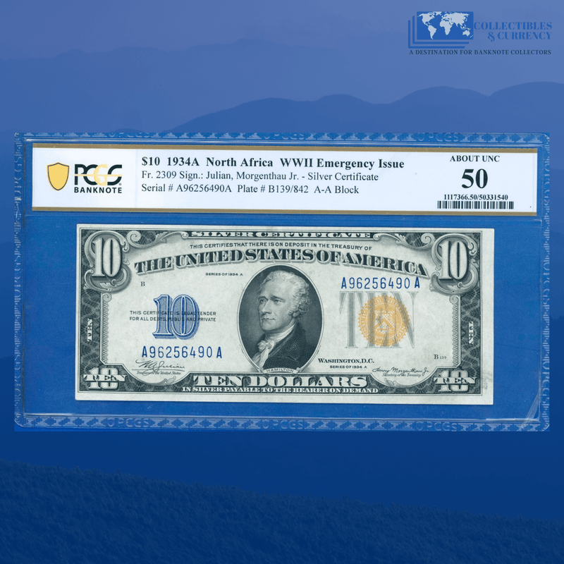 Fr.2309 1934A $10 Silver Certificate Yellow Seal "North Africa", PCGS 50