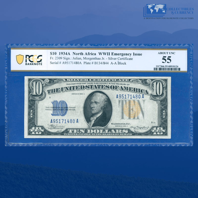 Fr.2309 1934A $10 Silver Certificate Yellow Seal "North Africa", PCGS 55