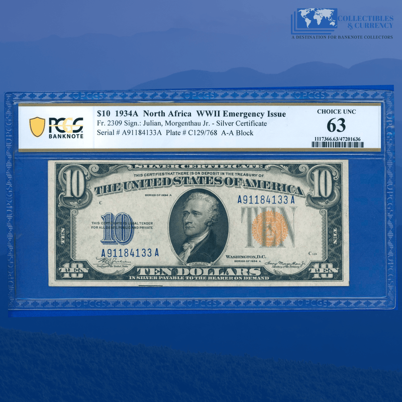 Fr.2309 1934A $10 Silver Certificate Yellow Seal "North Africa", PCGS 63