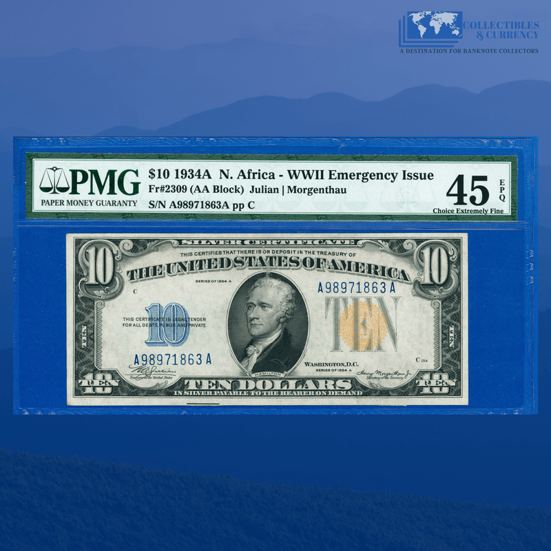 Fr.2309 1934A $10 Silver Certificate Yellow Seal "North Africa", PMG 45 EPQ