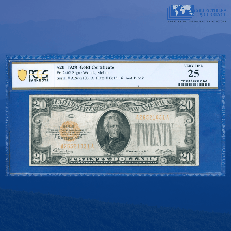 Fr.2402 1928 $20 Twenty Dollars Gold Certificate, PCGS 25