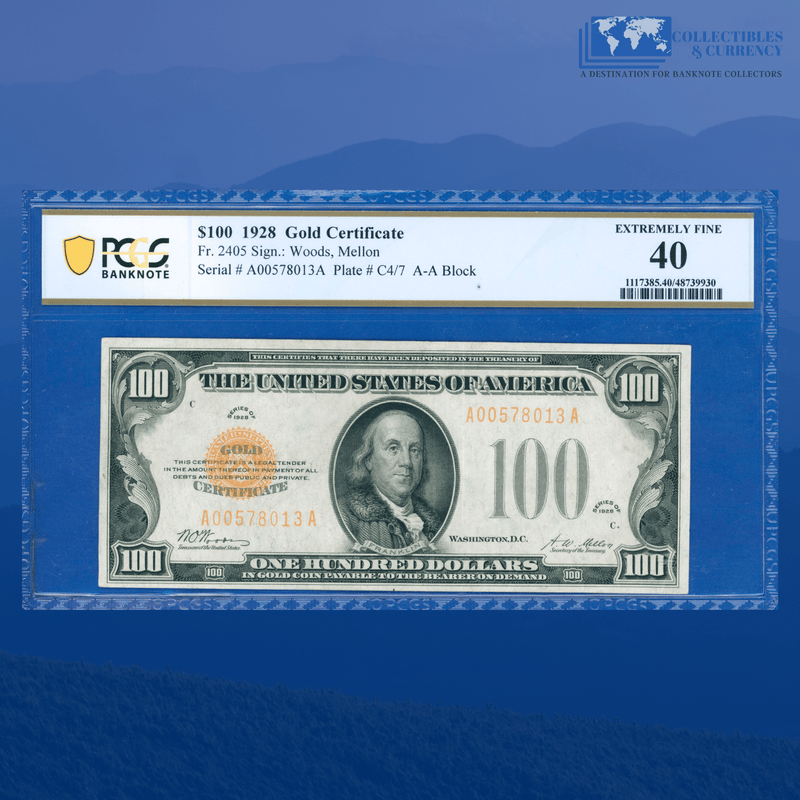 Fr.2405 1928 $100 One Hundred Dollars Gold Certificate, PCGS 40