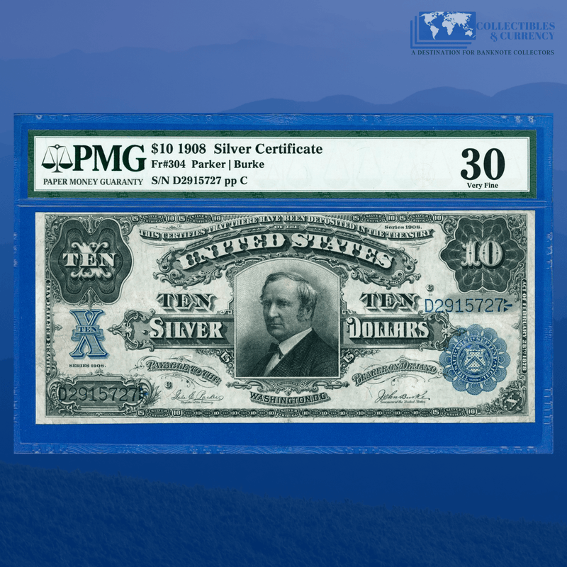 Fr.304 1908 $10 Ten Dollars Silver Certificate "TOMBSTONE", PMG 30