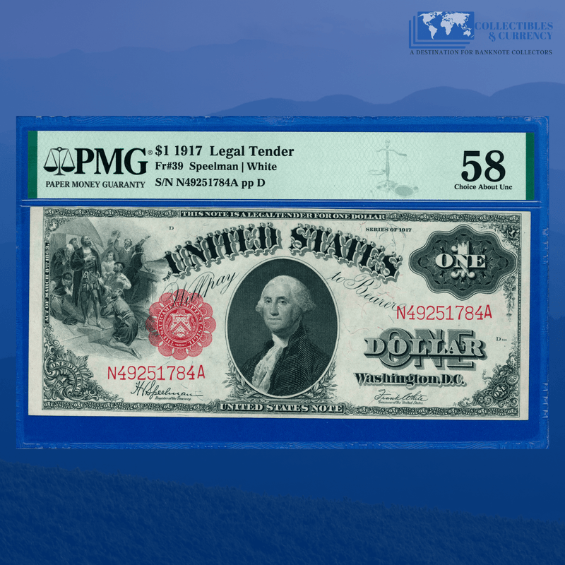 Fr.39 1917 $1 One Dollar Bill "SAWHORSE REVERSE" Legal Tender Note, PMG 58
