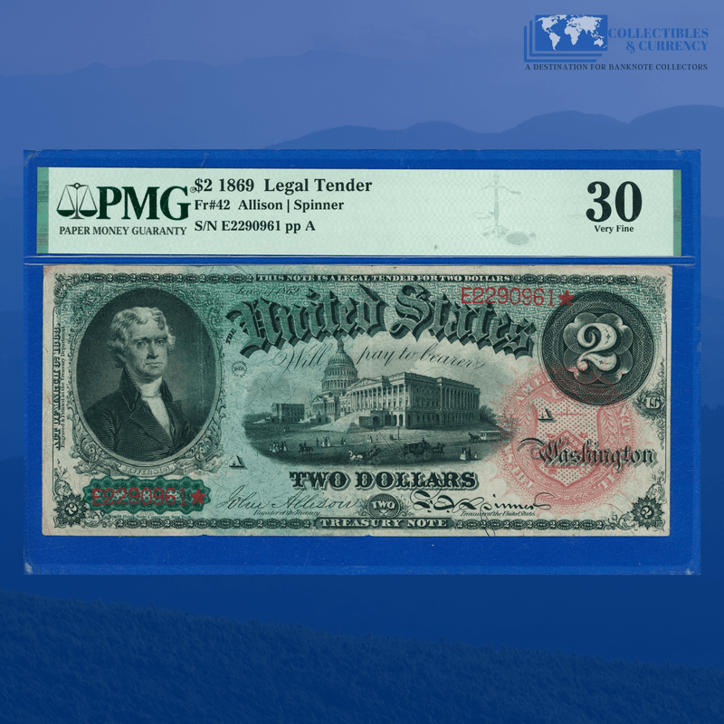 Fr.42 1869 $2 Two Dollars "RAINBOW" Legal Tender Note, PMG 30