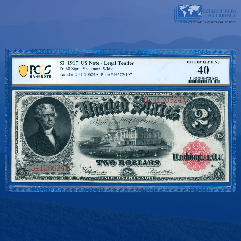 Fr.60 1917 $2 Two Dollars Bill "BRACELET REVERSE" Legal Tender Note, PCGS 40