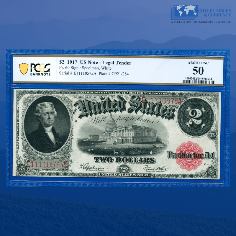 Fr.60 1917 $2 Two Dollars Bill "BRACELET REVERSE" Legal Tender Note, PCGS 50