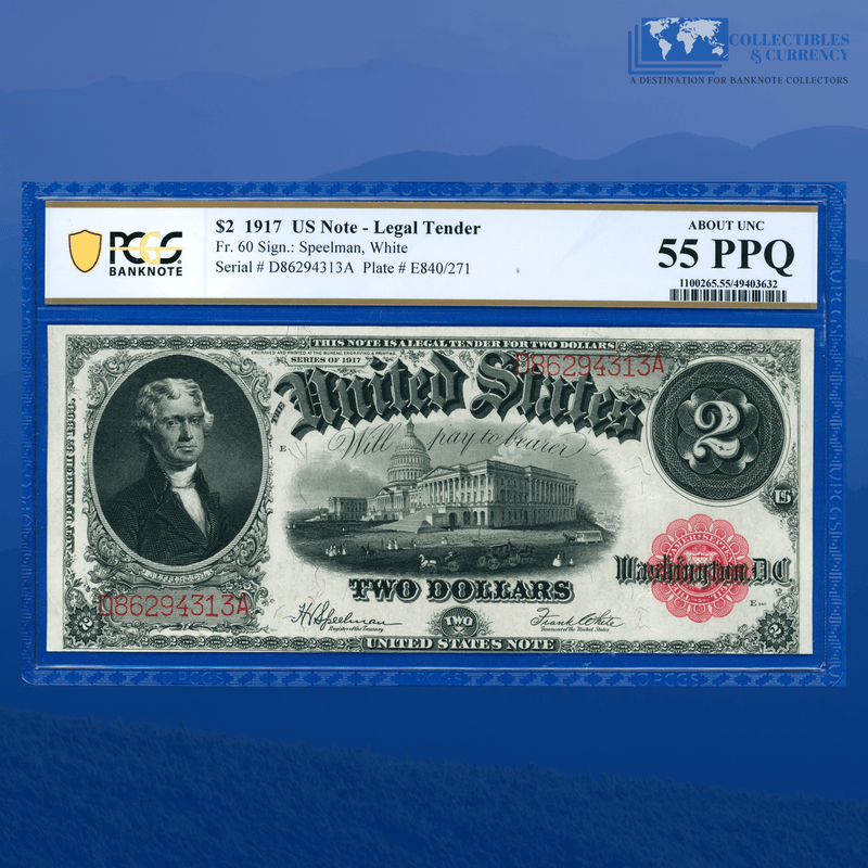 Fr.60 1917 $2 Two Dollars Bill "BRACELET REVERSE" Legal Tender Note, PCGS 55 PPQ