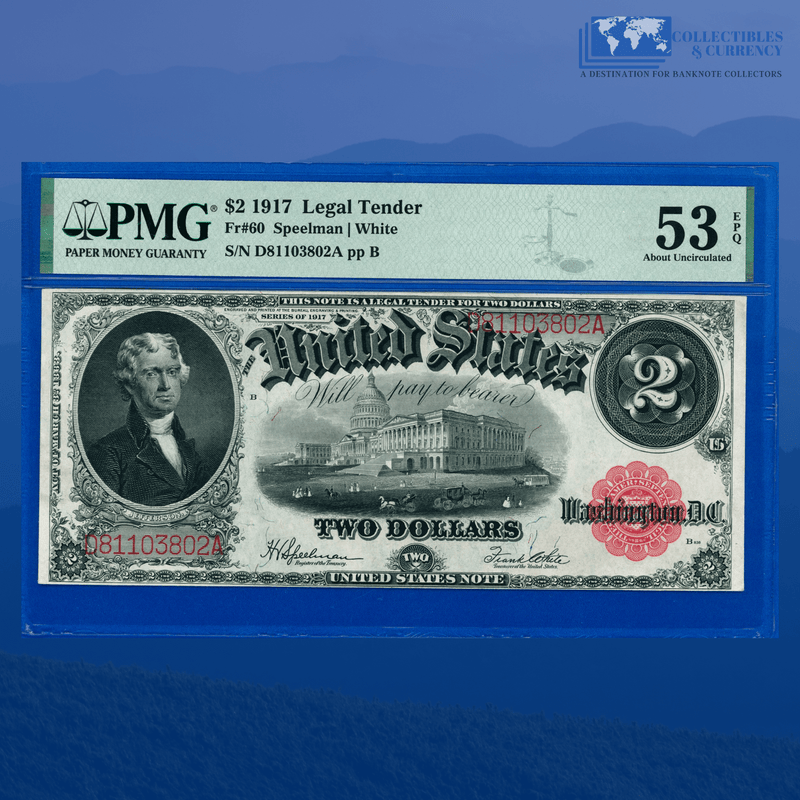 Fr.60 1917 $2 Two Dollars Bill "BRACELET REVERSE" Legal Tender Note, PMG 53 EPQ