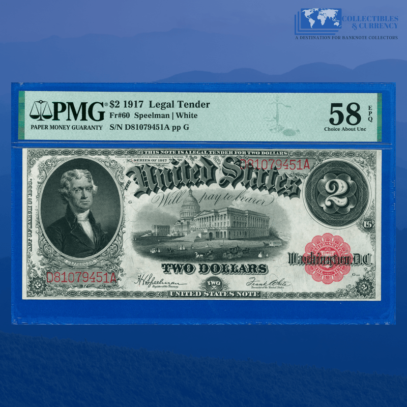 Fr.60 1917 $2 Two Dollars Bill "BRACELET REVERSE" Legal Tender Note, PMG 58 EPQ