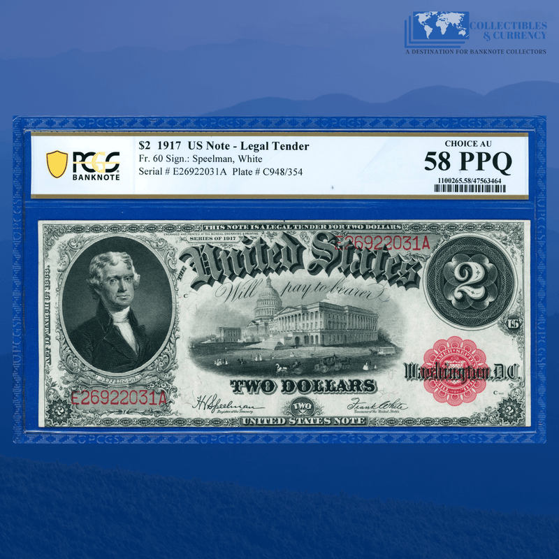 Fr.60 1917 $2 Two Dollars "BRACELET REVERSE" Legal Tender Note, PCGS 58 PPQ