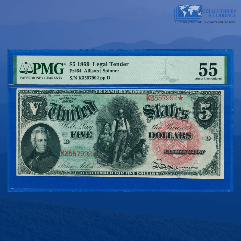 Fr.64 1869 $5 Five Dollars "RAINBOW" Legal Tender Note, PMG 55 Comment