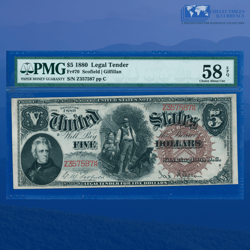 Fr.70 1880 $5 Five Dollars "WOODCHOPPER" Legal Tender Note, PMG 58 EPQ